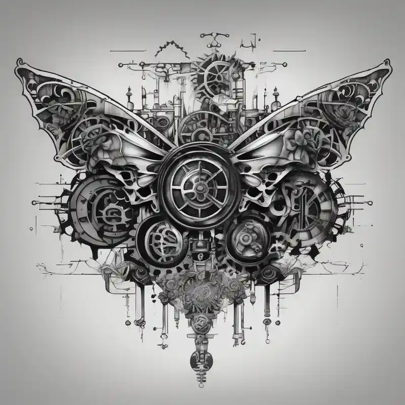 tattoo design for back spine with techno mechanical aspects representing life and eternity. sprockets gears screws levers